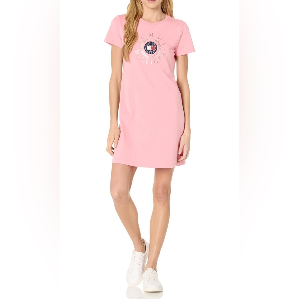 Tommy Hilfiger Women's Short Sleeve Metallic Logo Cotton T-Shirt Dress ONE SIZE